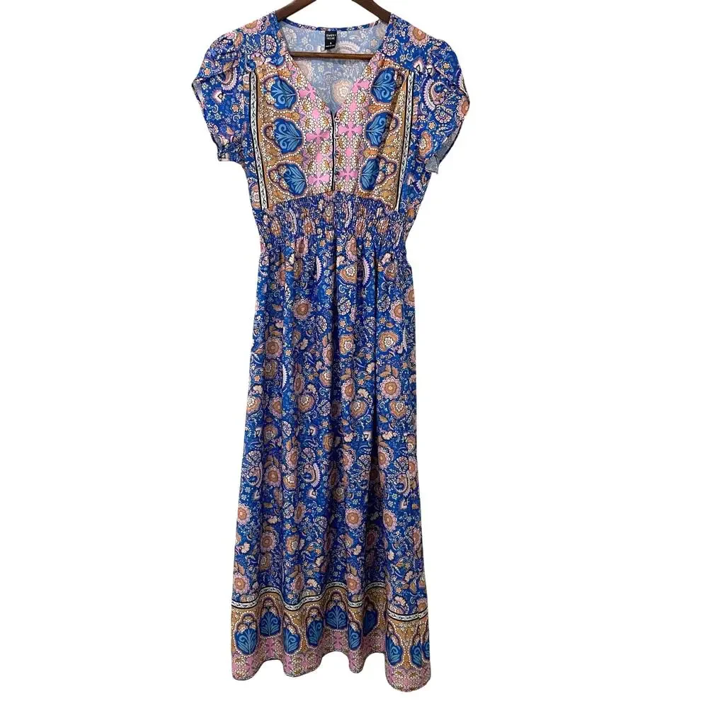 Emery Rose Floral Paisley Maxi Dress Boho Tulip Sleeve Blue Pink - Picture 2 of 11